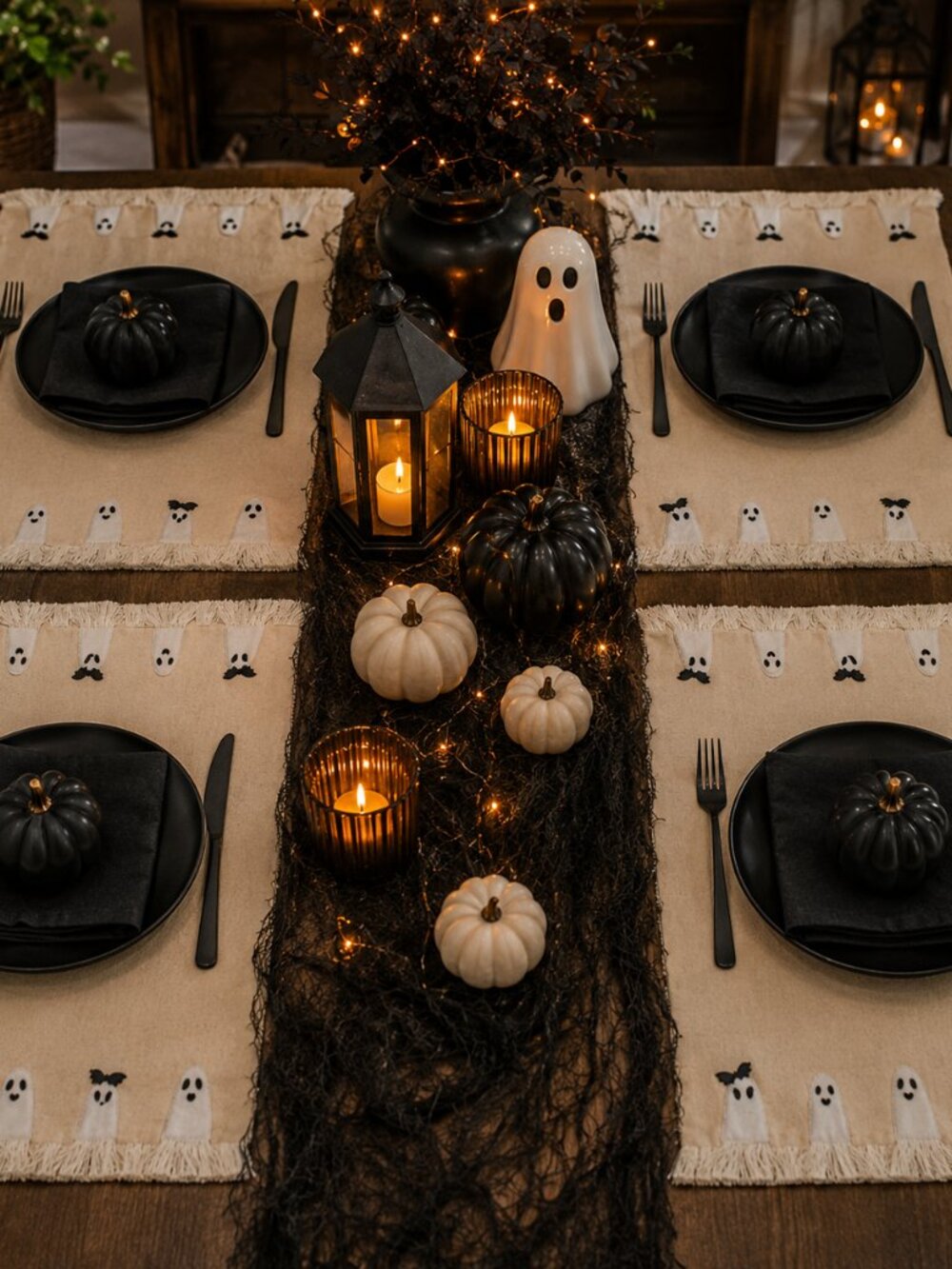 Cupcakes & Cashmere Halloween Ghost Tassel Placemats Set of 4 NIP Farmhouse